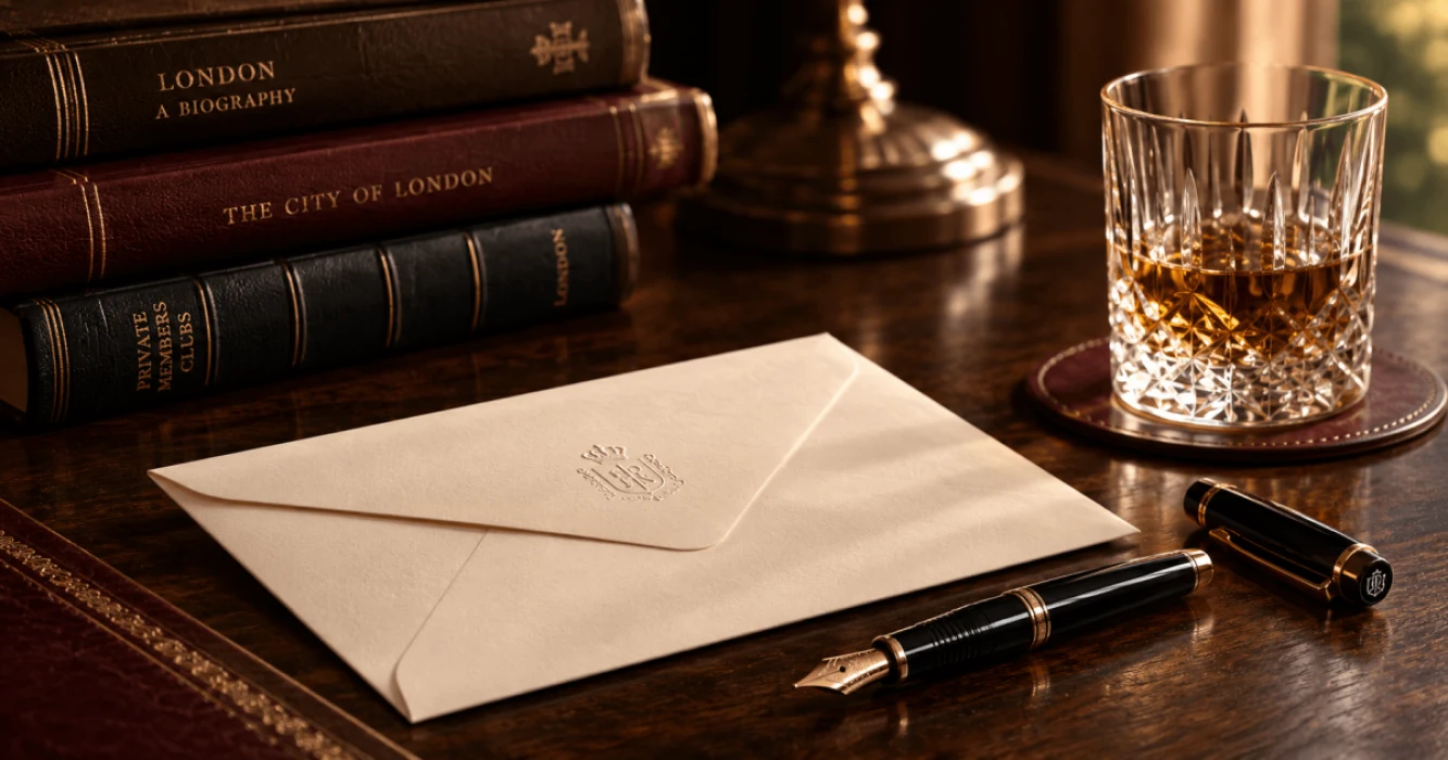 A cream envelope and fountain pen on a dark desk beside a glass of whisky, suggesting a private invitation